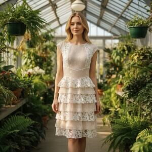 BCBGMAXAZRIA NEW Kayla Tiered Lace Dress Size 4 in Nude Beige White Lace Overlay